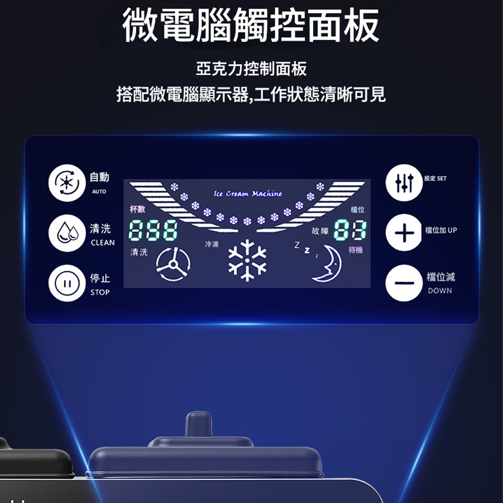 微電腦觸控面板亞克力控制面板搭配微電腦顯示器,工作狀態清晰可見自動UTO杯A  CLEAN停止STOP清洗Ice Cream Machine設定 SET檔位故障 檔位加 UP待機檔位減DOWN