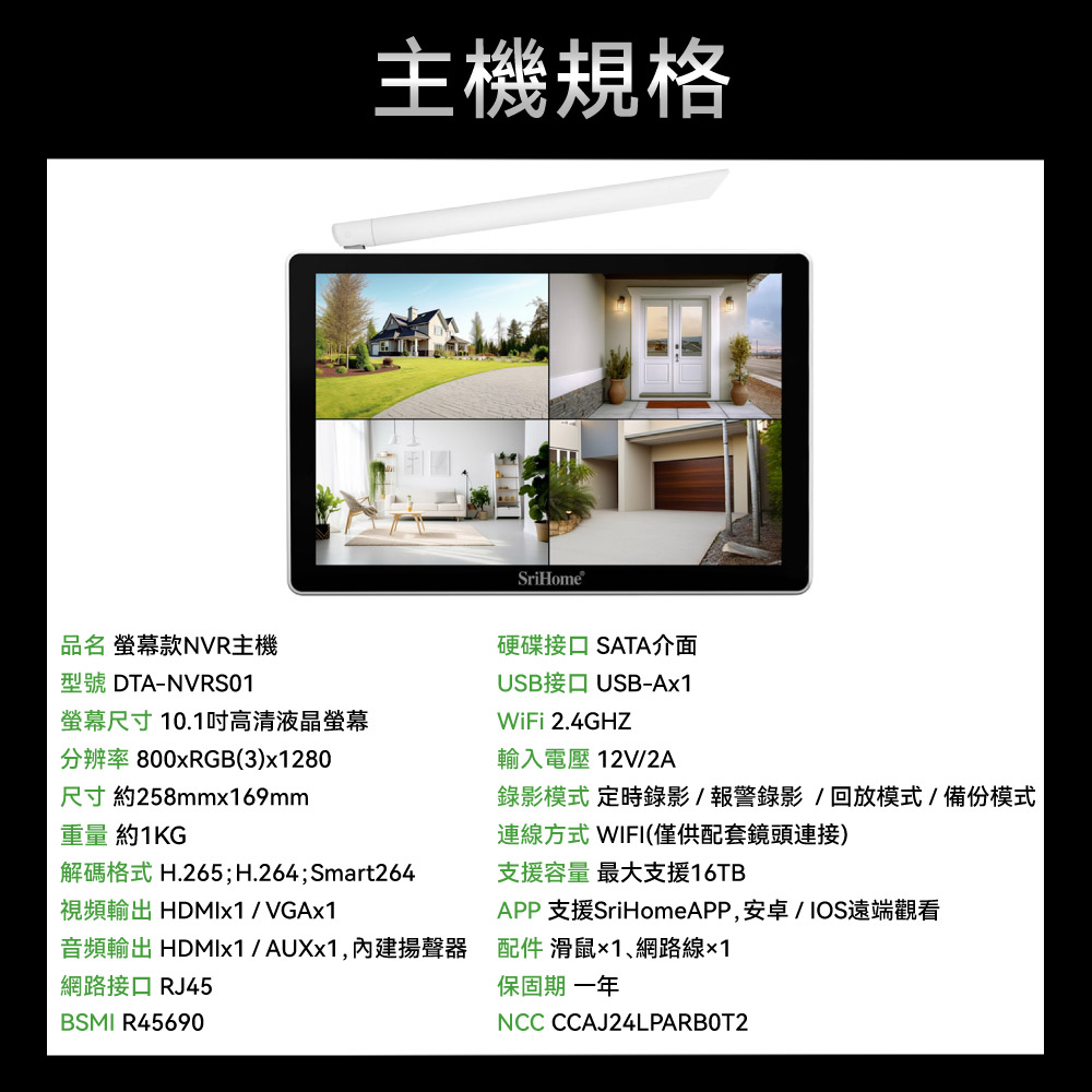 主機規格SriHome品名 螢幕款NVR主機型號 DTA-NVRS01螢幕尺寸 10.1高清液晶螢幕分辨率 800xRGB(3)x1280尺寸約258mmx169mm重量 約1KG解碼格式 H.265;H.264;Smart264視頻輸出 HDMIx1 / VGAx1硬碟接口 SATA介面USB接口 USB-Ax1WiFi 2.4GHZ輸入電壓12V/2A錄影模式 定時錄影/報警錄影/回放模式/備份模式連線方式 WIFI(僅供配套鏡頭連接)支援容量 最大支援16TBAPP支援SriHomeAPP,安卓/IOS遠端觀看音頻輸出 HDMIx1/AUXx1,內建揚聲器 配件 滑鼠1網路線1網路接口 RJ45BSMI R45690保固期 一年NCC CCAJ24LPARBOT2
