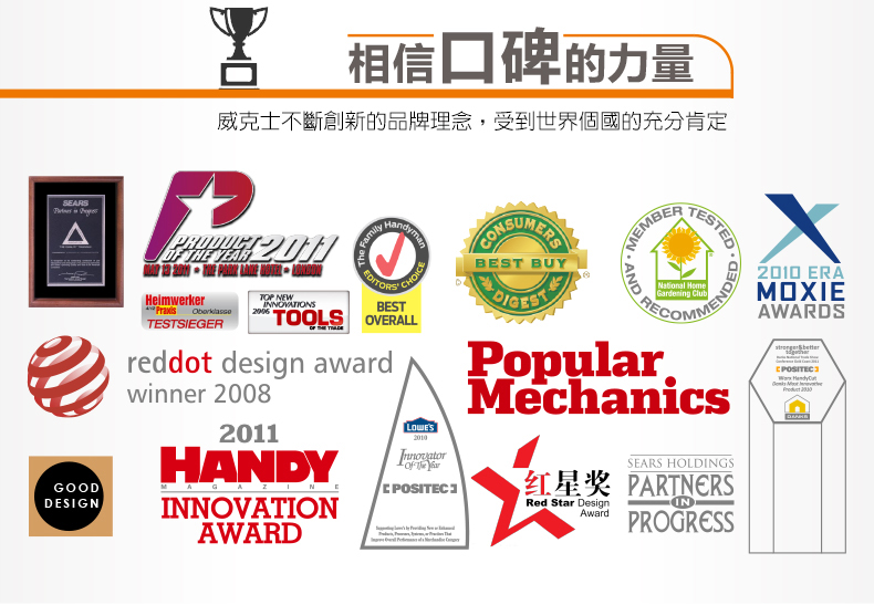 SEARSAGOODDESIGN 相信口碑的力量威克士不斷創新的品牌理念,受到世界個國的充分肯定TOP NEW  HeimwerkerTESTSIEGER FamilyEDITORSCHOICEBEST OVLLreddot design awardwinner 20082011HANDYINNOVATIONAWARD2010  BEST BUYMEMBERMENDEDNational HomeGardening ClubAND PopularMechanicsSEARS HOLDINGS红星奖 PARTNERSRed Star DesignAwardINPROGRESS2010 ERAMOXIEAWARDS POSITEC