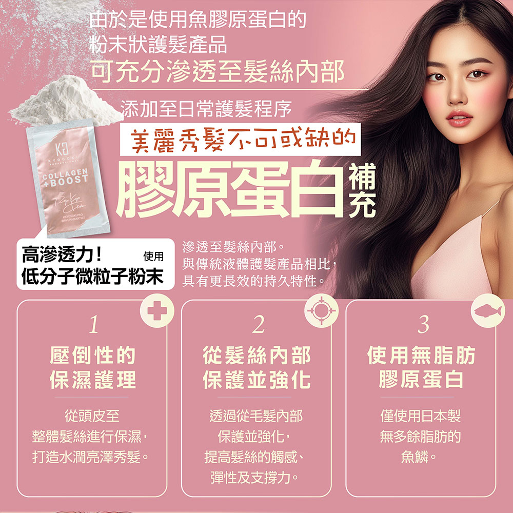 COLLAGEN+BOOST高滲透力!由於是使用魚膠原蛋白的粉末狀護髮產品可充分滲透髮絲內部添加至日常護髮程序美麗秀髮不可或缺的膠原蛋白滲透至髮絲內部。使用與傳統液體護髮產品相比低分子微粒子粉,具有更長效的持久特性。123壓倒性的保濕護理從髮絲內部使用無脂肪保護並強化膠原蛋白從頭皮至整體髮絲進行保濕,打造水潤亮澤秀髮。透過從毛髮內部保護並強化,提高髮絲的觸感、彈性及支撐力。無多餘脂肪的魚鱗。僅使用日本製