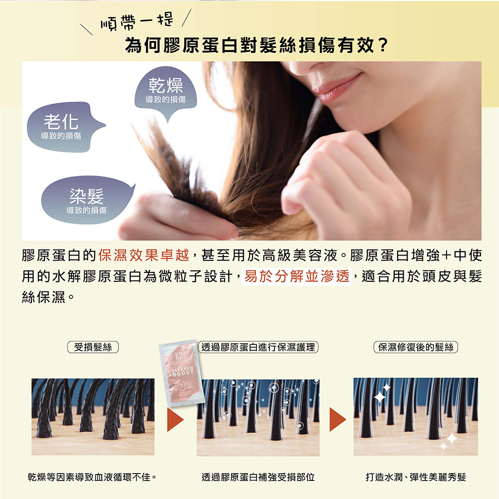 順帶一提/為何膠原蛋白對髮絲有效?乾燥導致的老化導致的染髮導致的損傷膠原蛋白的保濕效果卓越,甚至用於高級美容液。膠原蛋白增強+中使用的水解膠原蛋白為微粒子設計,易於分解並滲透,適合用於頭皮與髮絲保濕。受損髮絲膠原蛋白進行保濕護理保濕修復後的髮絲乾燥等因素導致血液循環不佳。透過膠原蛋白補強受損部位打造水潤、彈性美麗秀髮