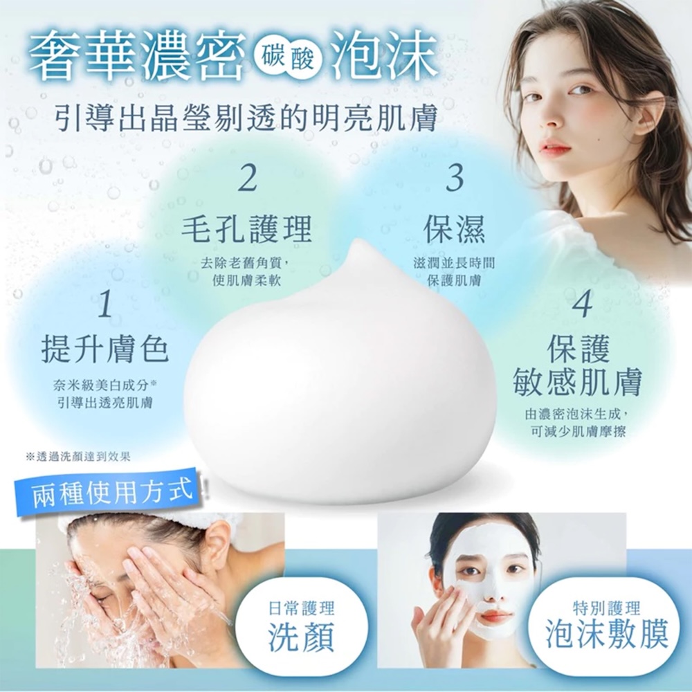 奢華 泡沫引導出晶瑩剔透的明亮肌膚23毛孔護理保濕去除老舊角質,滋潤並長時間使肌膚柔軟保護肌膚14提升膚色奈米級美白成分*引導出透亮肌膚※透過洗顏達到效果兩種使用方式保護敏感肌膚由濃密泡沫生成,可減少肌膚摩擦日常護理洗顏特別護理泡沫敷膜