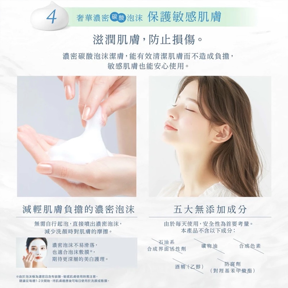 4奢華濃密泡沫 保護滋潤防止損傷。濃密碳酸泡沫潔膚能有清潔肌膚而不造成負擔敏感肌膚也能安心使用。減輕肌膚負擔的濃密泡沫無需自行起泡,直接噴出濃密泡沫,減少洗顏時對肌膚的摩擦。五大無添加成分每天使用,安全性為首要考量。本產品不含以下成分:石油系濃密泡沫不易滑落,礦物油合成色素合成界面活性劑也適合泡沫膜 ,期更深層的美白護理。防腐劑酒精(乙醇)(對羥基)*由於泡沫極為濃密且含有碳酸,敏感肌膚使用時需注意。建議從每週1-2次開始,待肌膚後可每日使用於或效膜。
