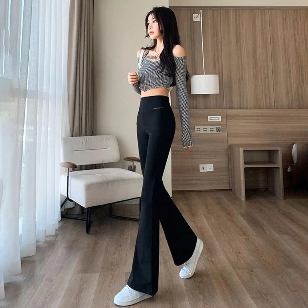 【D.studio】韓版高腰顯瘦修身提臀喇叭鯊魚褲喇叭褲瑜珈褲寬褲褲子長褲休閒褲女裝高腰褲 黑褲 P243