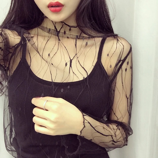 【D.studio】韓版小性感黑色網紗透視上衣網紗上衣 夜店裝 薄紗上衣 內搭透膚上衣 T153