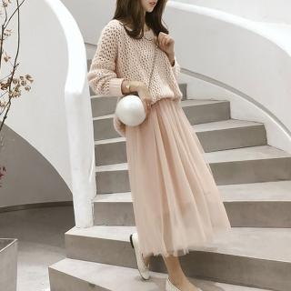 【BBHONEY】韓版網美必備鏤空針織上衣網紗長裙二件式套裝(網美必備款)