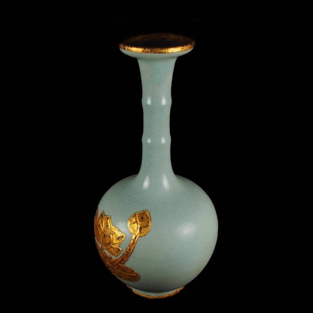 博古珍藏》宋汝窯天青釉包金蓮紋弦紋瓶早期收藏老件花瓶瓷器博物館級文物