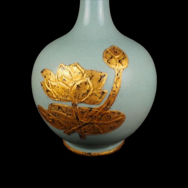 博古珍藏》宋汝窯天青釉包金蓮紋弦紋瓶早期收藏老件花瓶瓷器博物館級文物