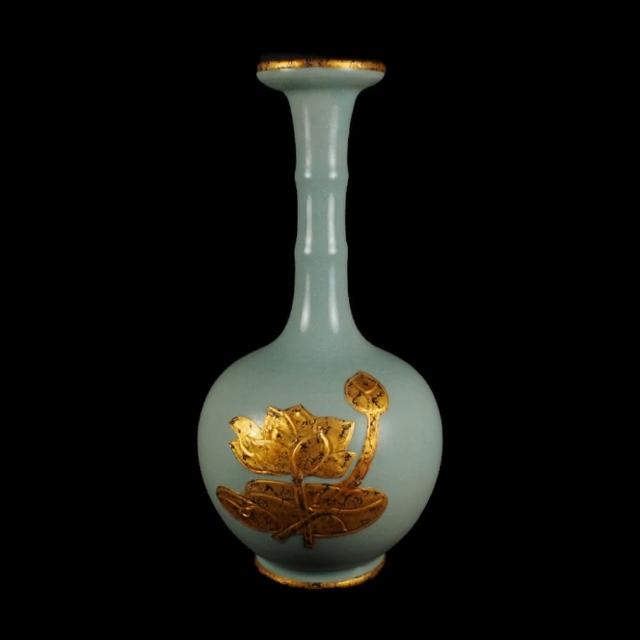 中国古美術・宋汝窯風青釉 鎏金龍文 天球瓶・花瓶・陶器・茶道具・文房置物・賞物 中国古美術・宋汝窯風青釉 鎏金龍文 天球瓶・花瓶・陶器・茶道具