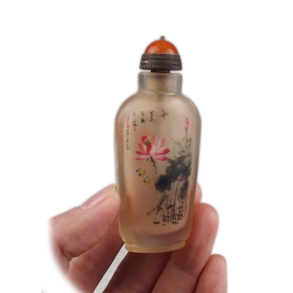 博古珍藏》水晶內畫蓮花圖鼻煙壺名家作早期收藏老件文物附錦盒