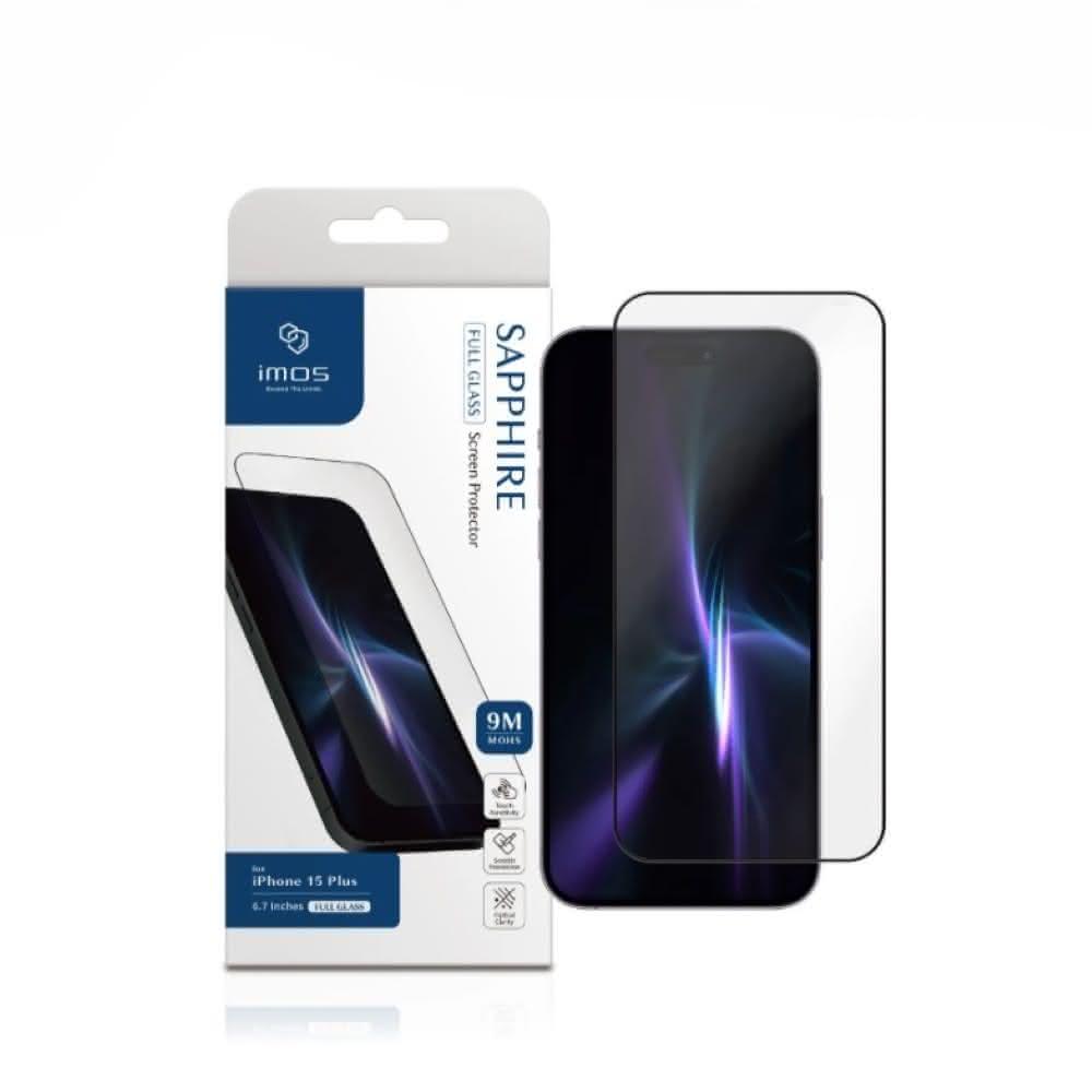魔比歐 imos 人造藍寶石 9M 滿版黑邊玻璃螢幕保護貼 iPhone 15 / 16 系列(適用 i15 / i16 全系列)