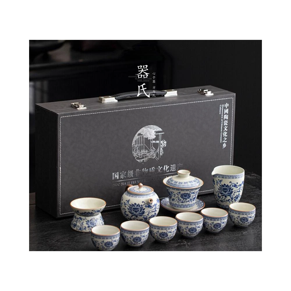 陶泥 青花陶磁蓋碗 愛蓮茶杯 壺承 茶碗 煎茶器 未使用品