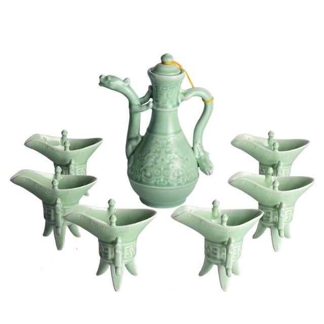 汝瓷绿釉高爵杯 酒器 爵杯 古玩 旧家収蔵 爵 陶芸 古美術品