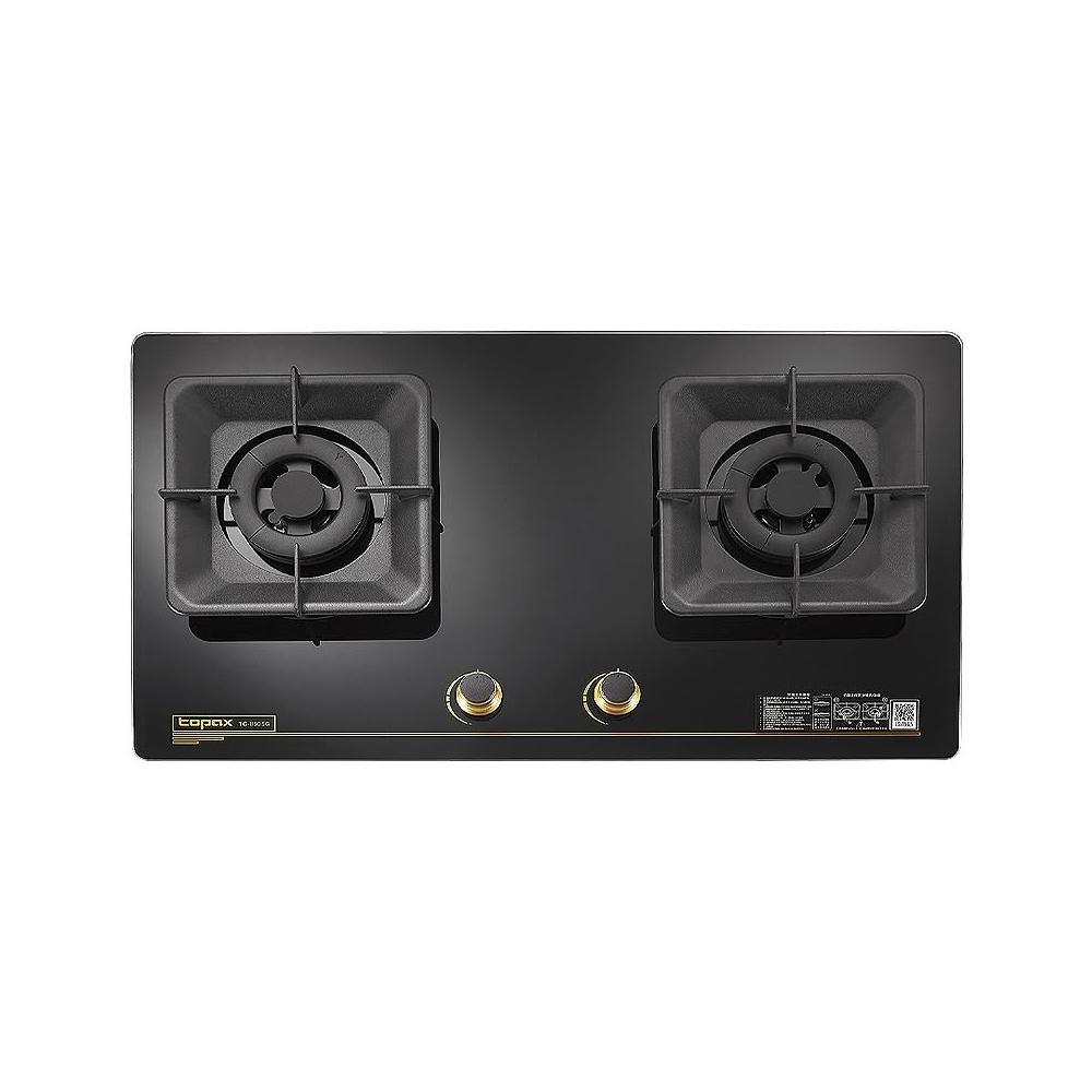 Topax 莊頭北 TG-8505 雙口爐，專為家庭廚房設計，支援天然氣與瓦斯使用，具備一點即點火功能，操作安全便捷。採用高質感玻璃與鐵材材質，耐熱耐用，檯面式安裝適合各種空間。提供完整1年保固，確保烹飪效率與安心使用，是理想的廚房瓦斯爐選擇。