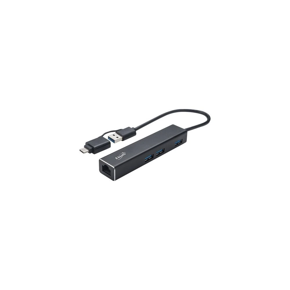 【E-books】H20 鋁製RJ45千兆高速網卡+3孔USB 3.2集線器+Type C雙接頭