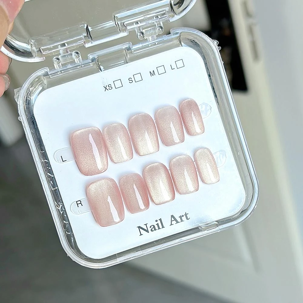 梵花 全新純手工穿戴甲貓眼短版美甲成品假指甲貼片豆豆甲短圓裸色指甲貼