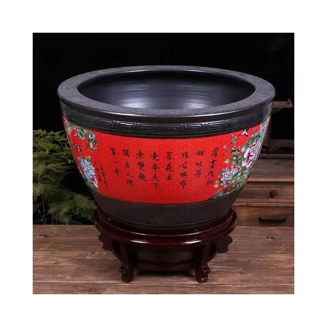 景德镇陶瓷金鱼缸大号红色睡莲盆荷花缸乌龟缸落地大水缸客厅摆件