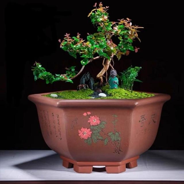 紫砂花盆 • 盆栽芸術植木鉢 古風大口徑紫砂花盆宜興紫砂花盆大口徑六方花盆特大號六角透氣