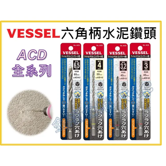 【天隆五金】日本 VESSEL 3.0-6.5mm 六角柄 6.35 水泥鑽尾 萬用水泥鑽頭 ACD 硬質合金