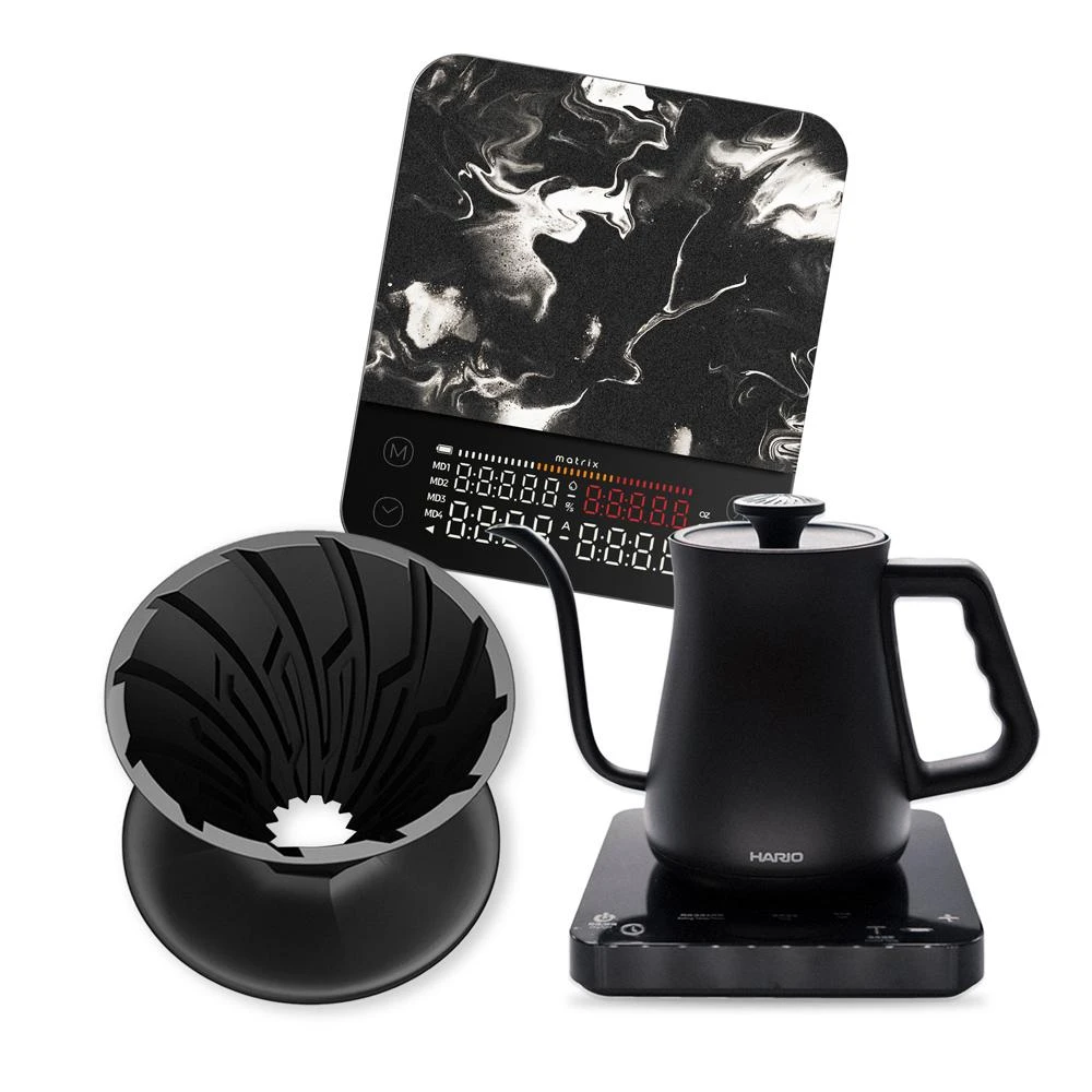 【Matrix】M2 Pro AI大師 咖啡秤+α 阿爾法錐形凹肋陶瓷濾杯01黑+溫控細口壺650ml 