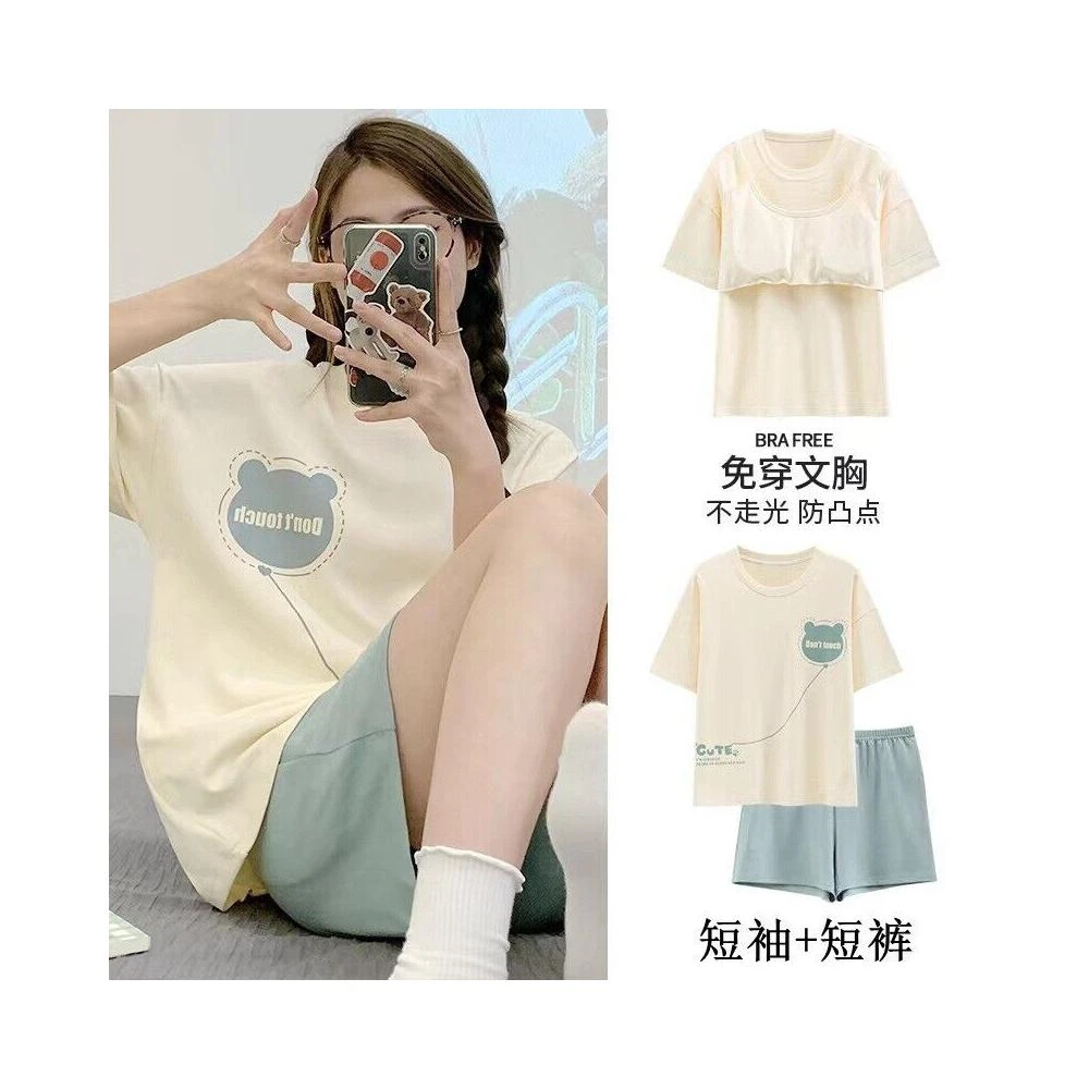 🎌日本工藝&柔軟親膚💨 帶胸墊睡衣女夏季短袖可外穿家居服兩件套裝2025新款夏天卡通大碼