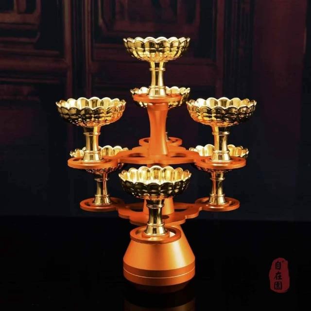 弘喧立體精緻直立式金色7盞金屬燭台供佛蓮花燈七星燈座禮佛點燈供燈佛