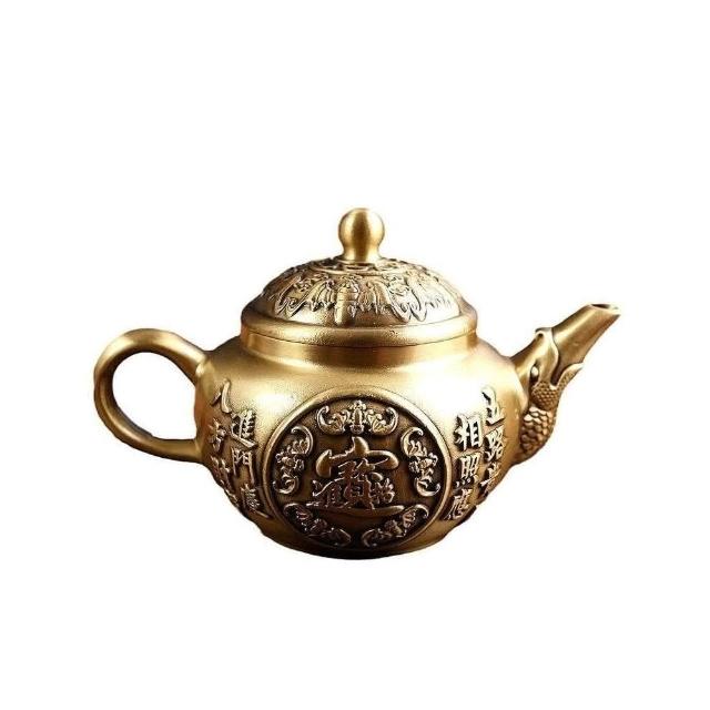 黃銅茶具復古創意小茶壺居家擺件辦公室家居招財小物五福茶壺純銅