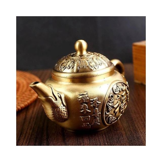 中国古玩 大明純銅黄銅器 双龍茶壺 Y540182 急須