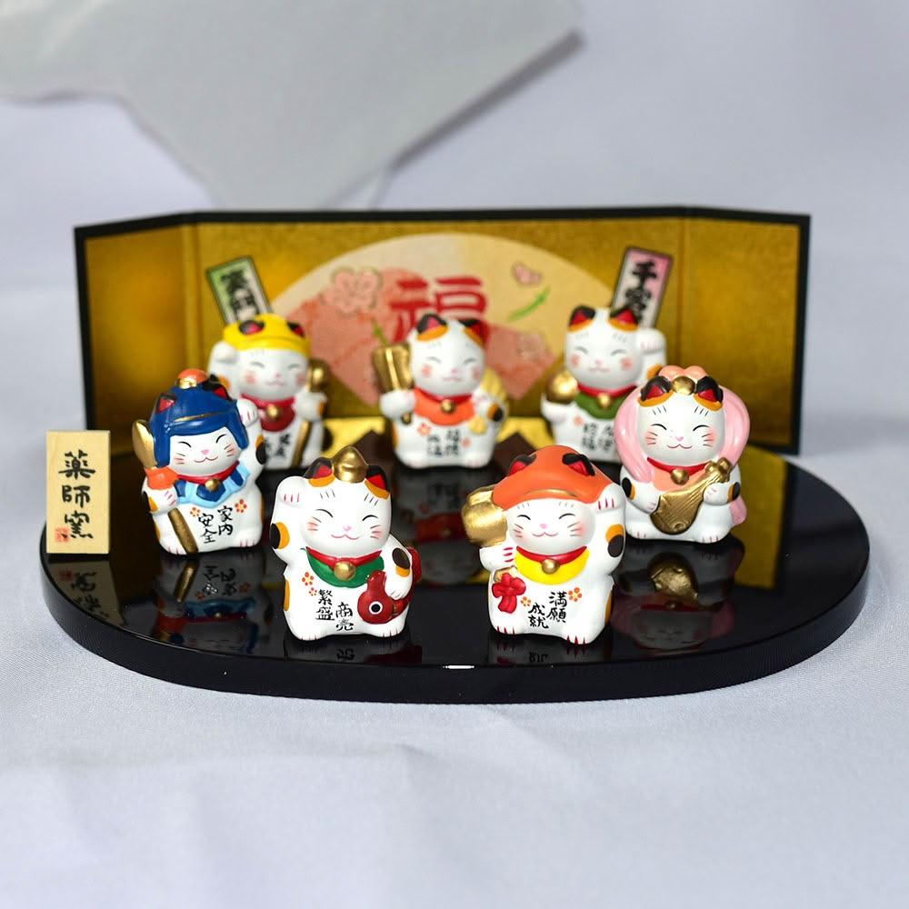 錦彩開運七福神招財貓陶器擺飾藥師窯日本正版ec514