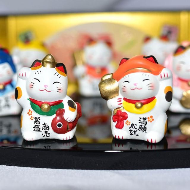 錦彩開運七福神招財貓陶器擺飾藥師窯日本正版ec514