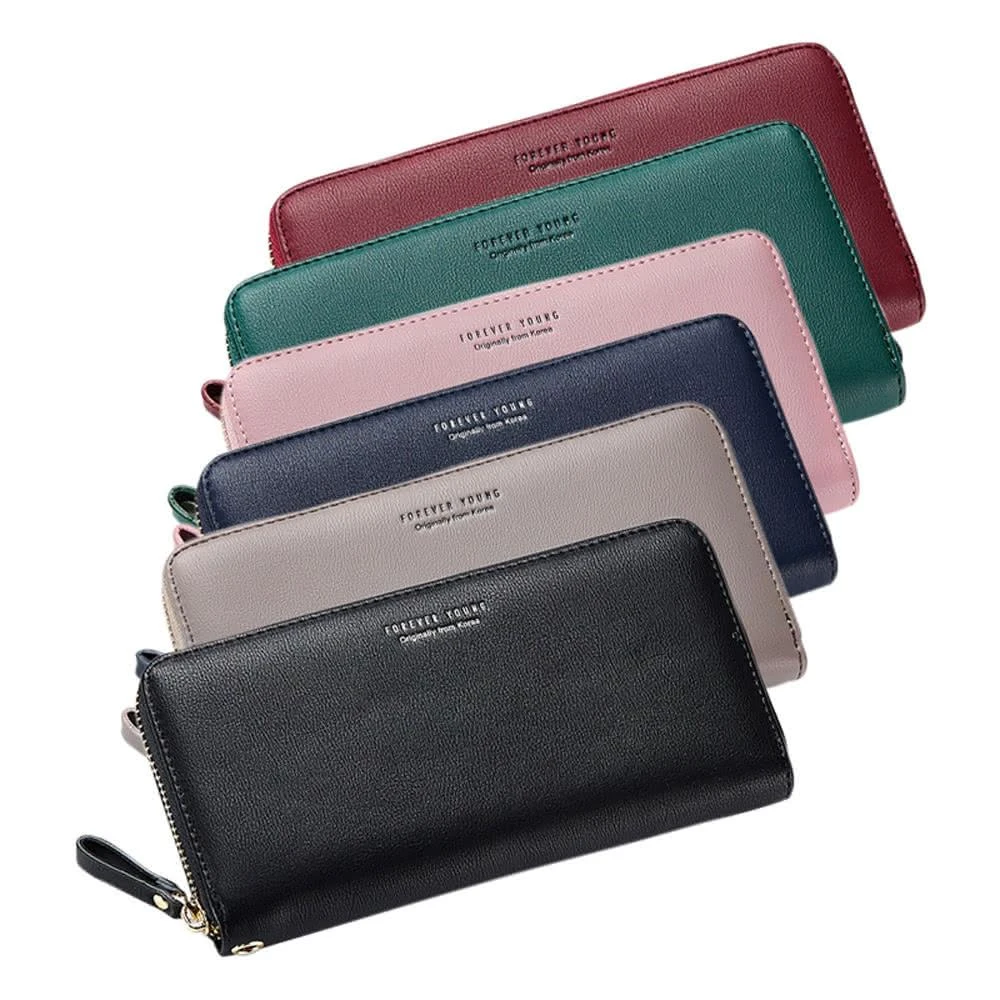 【Her】女長夾 12卡位荔枝紋仿真皮拉鍊長夾 女用皮包(軟皮包包 手拿包 女生長夾 掛繩手機包 拉鍊錢包)