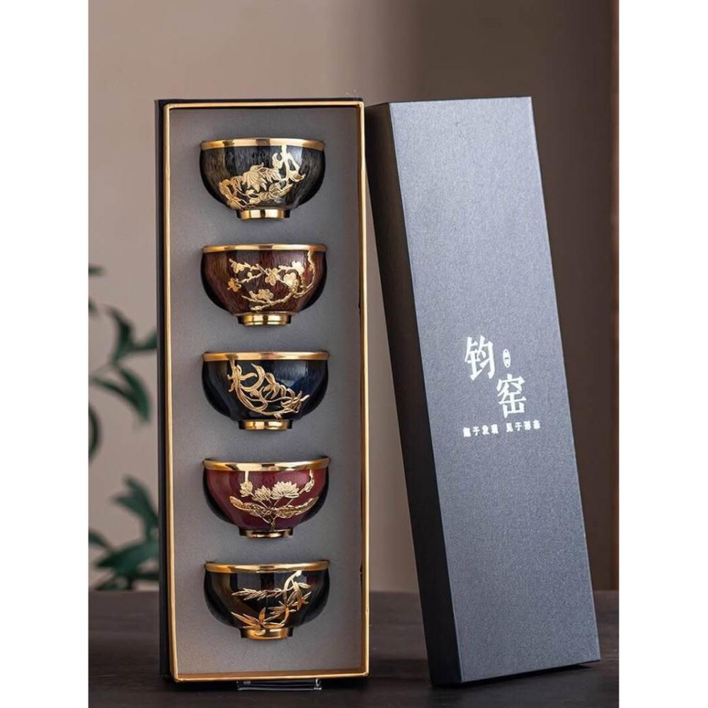 康樂品建盞金鑲玉茶杯鈞窯禅定杯窯變家用功夫整套茶盞高檔禮盒裝