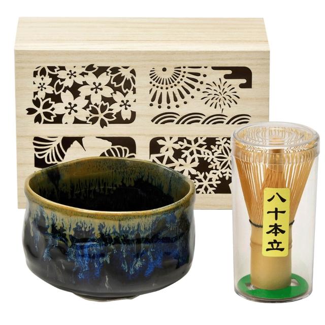 四季庵日本製木箱裝抹茶碗套組(美濃燒茶碗精裝木頭禮盒抹茶禮盒茶具