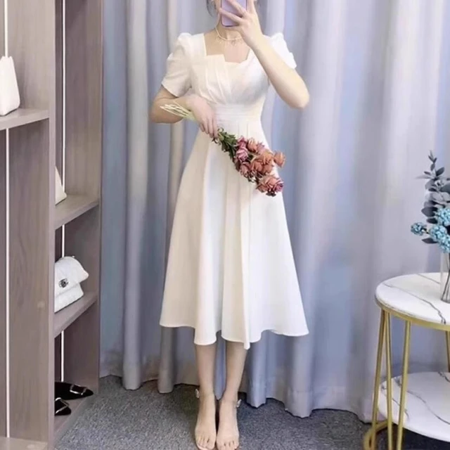 法式赫本風領證小白裙氣質初戀方領白色連衣裙女夏季高級感小禮服 512