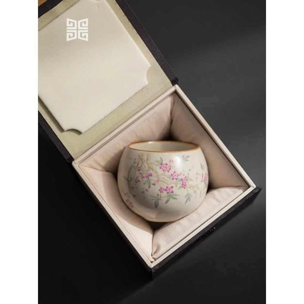 桃枝汝窯  高端禮盒裝 需養杯 金絲 汝窯開片 小院燒製 稀少生產 禮盒茶杯 送禮杯 主人杯 商務禮盒