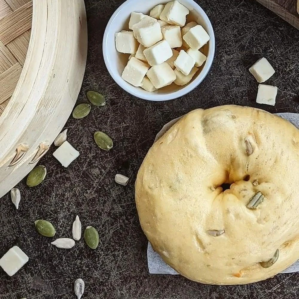 【花漾饅頭屋】南瓜乳酪軟Q饅貝果(奶素)2入獨立包裝 天然老麵發酵 早餐點心