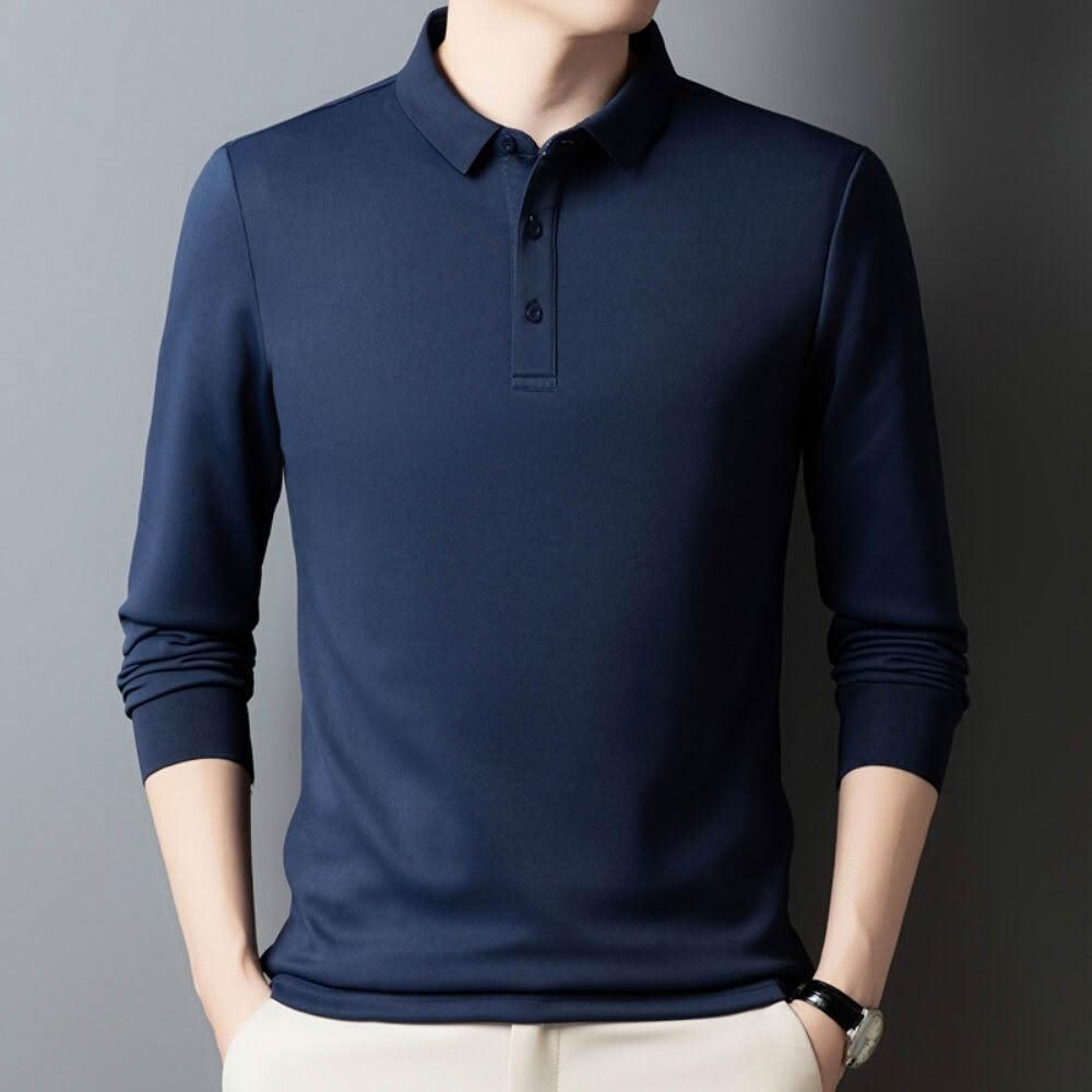 長袖polo衫男秋季翻領Polo衫上衣純色T恤寬松百搭打底衫休閒寬鬆運動工作商務紳士大尺碼高爾夫球衫男裝POLO衫排汗衫