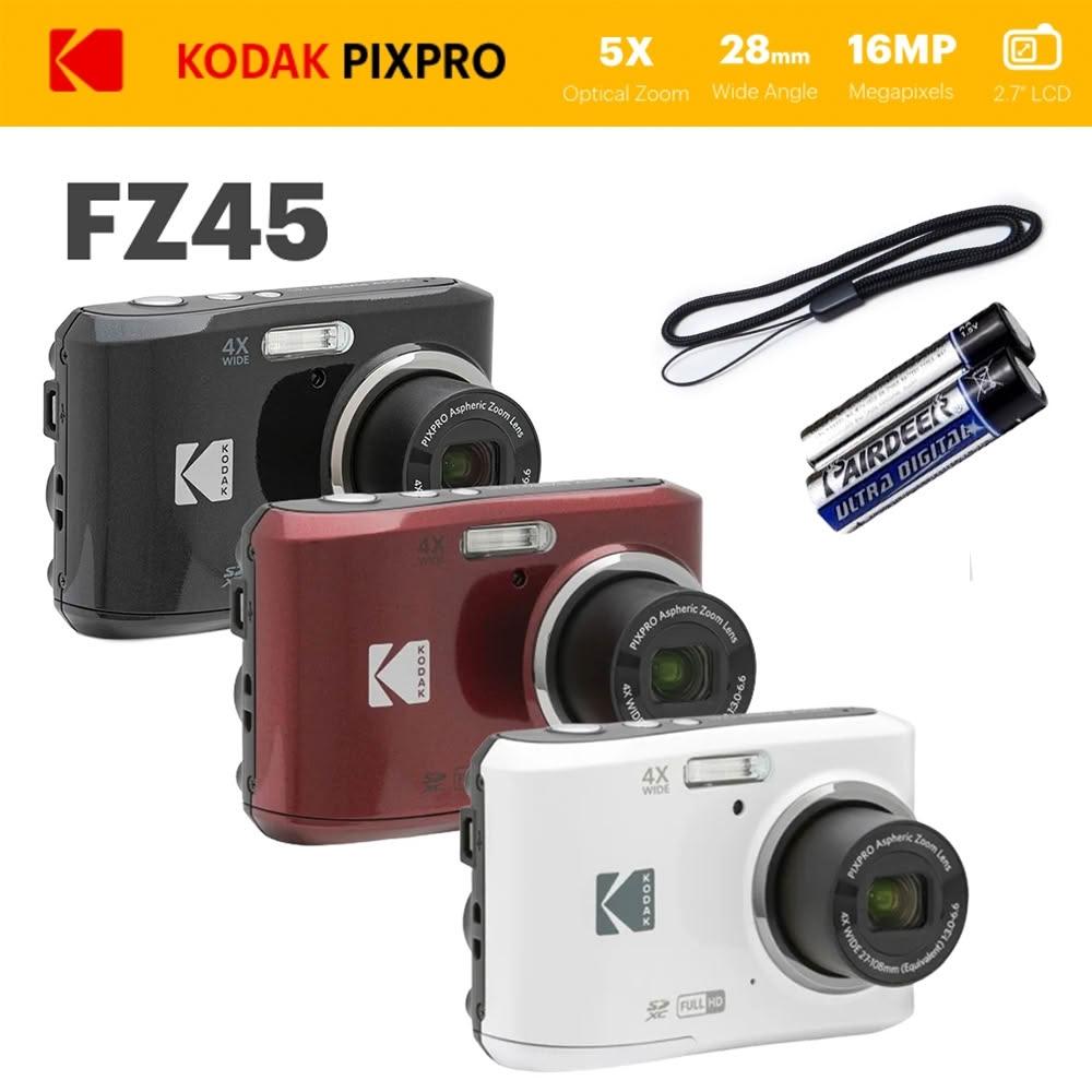  柯達 PIXPRO FZ45 數位相機採用 1/2.3 吋 BSI CMOS 感光元件，提供高達 1600 萬畫素解析度，支援 HD 錄影功能。輕巧設計僅 0g~200g，內建多種場景模式，適合日常拍攝使用。相容 SD 記憶卡，無觸控螢幕設計簡易操作。公司貨享有 1 年保固，品質保證，讓您輕鬆捕捉美好時刻！ 