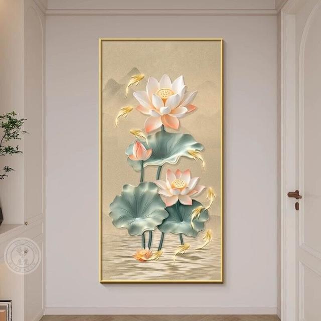 荷花九魚圖玄關裝飾畫新中式鯉魚招財聚財掛畫入戶正對門牆畫豎版