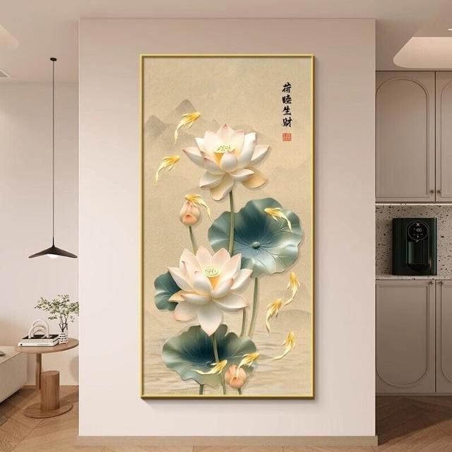 荷花九魚圖玄關裝飾畫新中式鯉魚招財聚財掛畫入戶正對門牆畫豎版