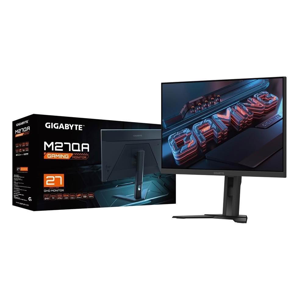  技嘉 GIGABYTE M27QA 27吋 IPS 面板電競顯示器，提供 2560 x 1440 QHD 解析度、180Hz 高更新率與 1ms MPRT 反應時間，完美適合遊戲玩家。支援 95% DCI-P3 / 130% sRGB 廣色域，350 cd/m2 亮度，178° 廣視角。輸入介面包含 HDMI、DisplayPort、Type-C 與 USB3.2，VESA 壁掛設計，重量僅 5.15kg，尺寸 615.11 x 535.66 x 193.63 mm。無內建喇叭，三年保固，電競必備！ 