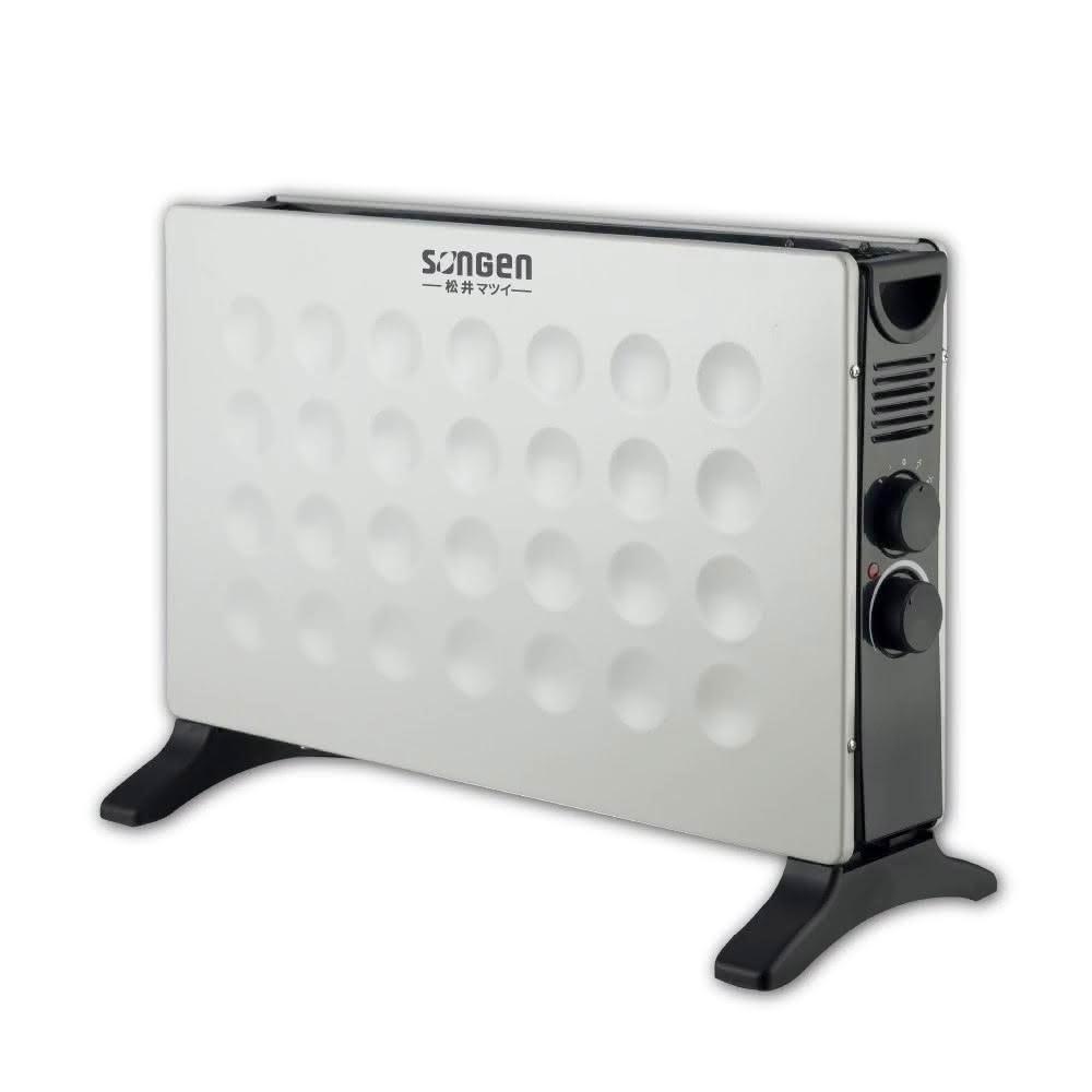 SONGEN 松井對流式溫控電暖器 SG-713RCT，採用電膜技術，無光害、無噪音、無耗氧、無輻射，附具渦輪風機增強熱氣擴散，提供強弱兩檔加熱功能，適合居家使用。產品尺寸 W590xD210xH370mm，外箱尺寸 W598xD135xH397mm，重量 3KG，電壓 110V 60Hz，符合 BSMI 許可標準。