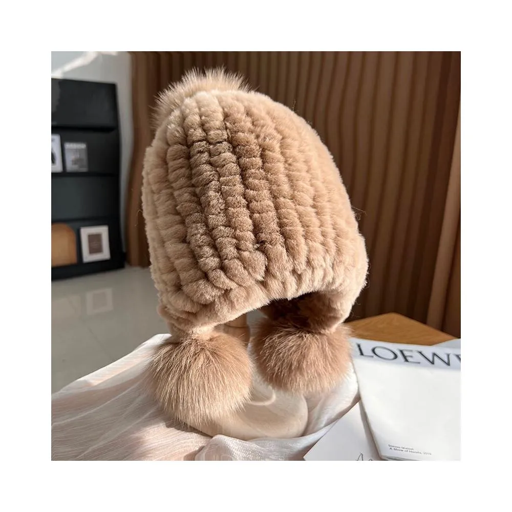 比比購 時尚獺兔毛帽子冬季時尚保暖加厚貂毛絨真狐貍毛球護耳帽子女新款