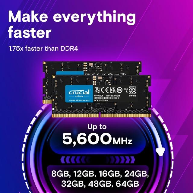 Crucial 美光】DDR5 5600 96GB(48GB x2筆電記憶體CT2K48G56C46S5)