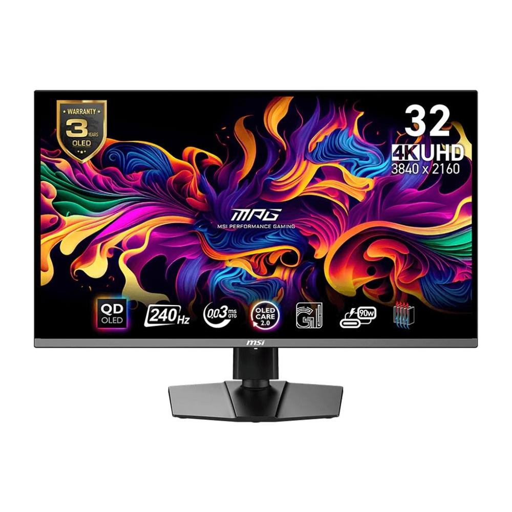 MSI MPG 321URX 是一款 QD-OLED 面板的 32 吋 4K 螢幕，具備 240Hz 重新整理率與 0.03ms GTG 反應時間，提供極致流暢的畫面與高對比度。支援 DisplayHDR True Black 400，亮度達 250 cd/m²，色彩表現為 10 bits，支援 sRGB 100%。擁有 178° 水平與垂直可視角度，窄邊框設計，並支援 HDMI、DisplayPort、DP Type-C 與 USB 訊號輸入。內建喇叭，支援 VESA 壁掛與壁掛洞，適合追劇、看片、辦公及遊戲使用，CP 值高，學生與 Gamer 都適合。