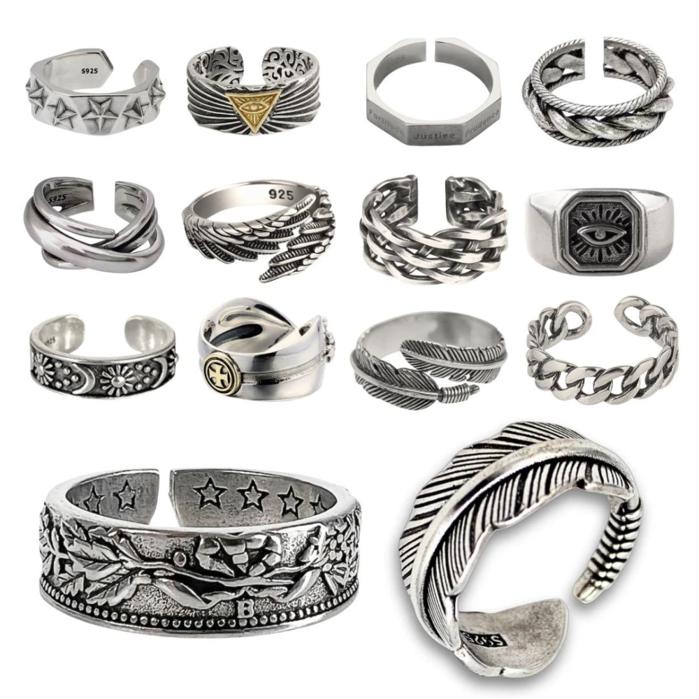 50款 純銀戒指 男生戒指 開口戒 尾戒 對戒 抗氧化 男戒 仿舊 S925 銀戒 情侶戒指 925銀 SR-50FJ