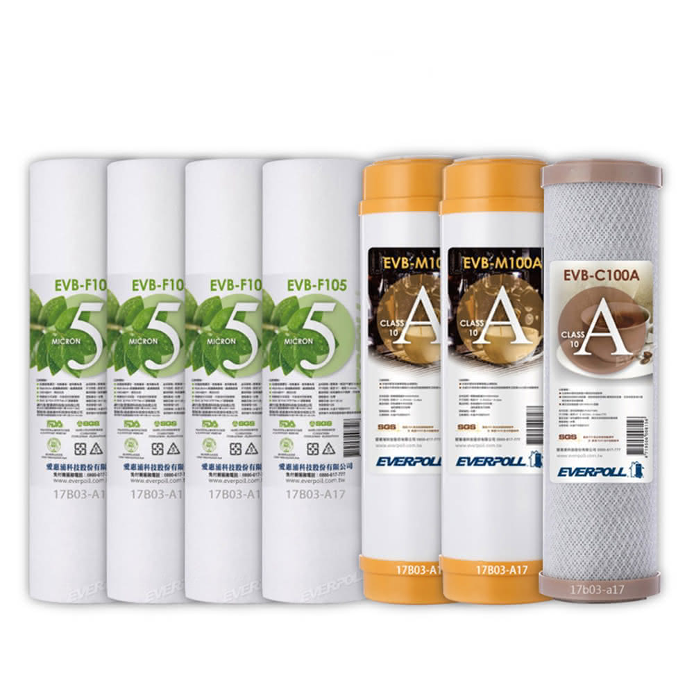 【EVERPOLL】EVB-F105 5微米PP濾心4支 EVB-M100A道爾樹脂濾心2支 EVB-C100A壓縮活性碳濾心(共7支)