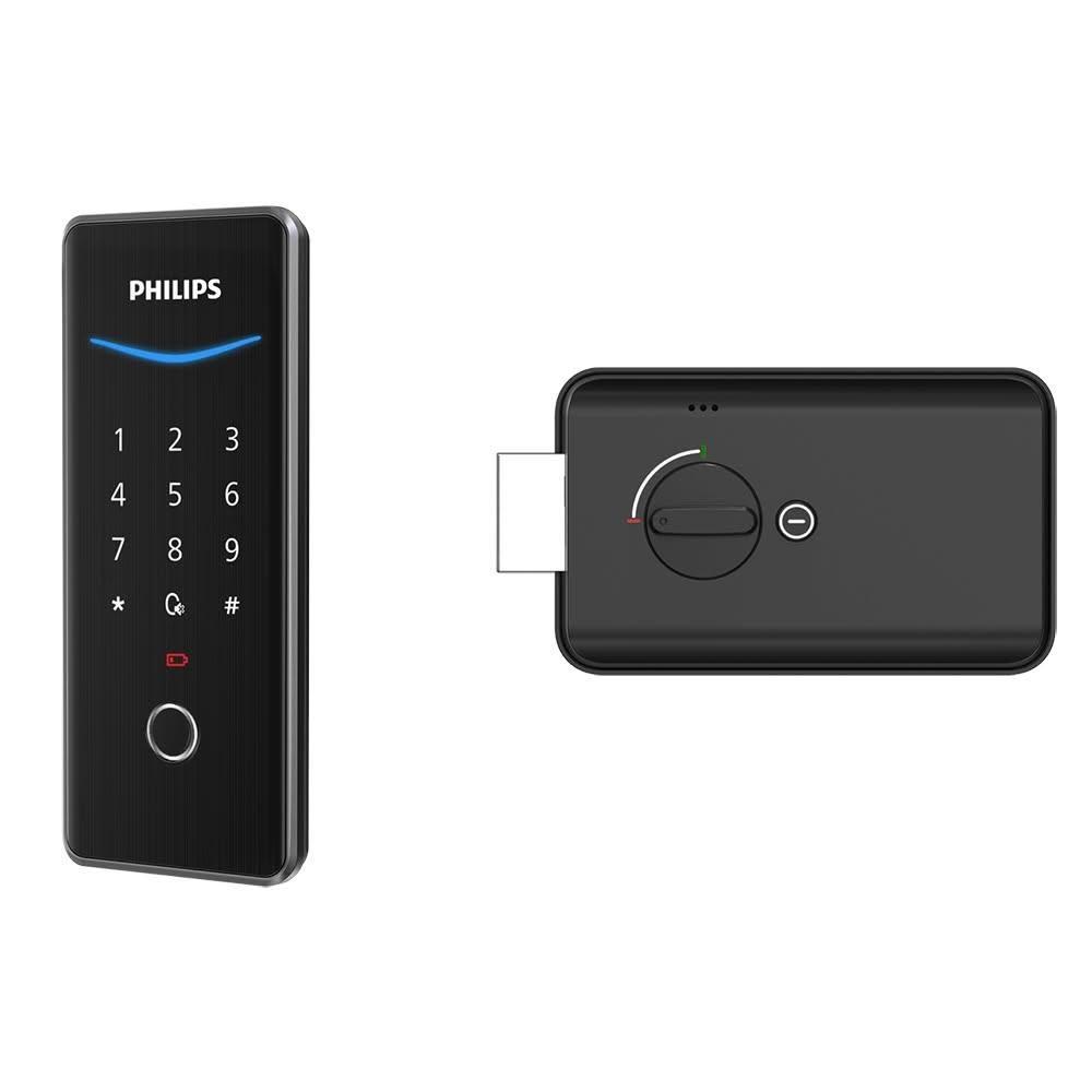 飛利浦 DDL503 三合一電子鎖，支援指紋、密碼、藍芽APP開門方式，可登入49個指紋，適合3.8~12mm門厚，使用4顆3號電池，壽命4-8個月，緊急電源5V行動電源。中國製造，三年保固，NCC認證CCAN24LP0360T2，安全便捷的智慧家居首選。