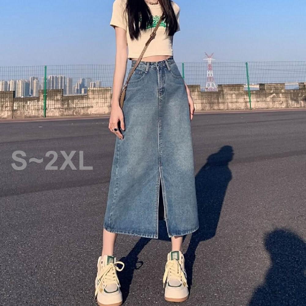 【Shiny 藍格子】高腰包臀前開叉中長款牛仔A字裙 V5144(裙子 單寧 長裙)