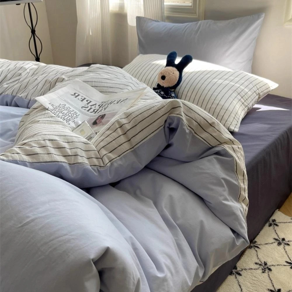 【Arvo Home 蒔桄家居】無印風條紋被套床包三件/四件組-單人/雙人/加大(四季被套 裸睡床包 水洗棉被套  奶油細條紋床組 日系床包 雲朵被套)